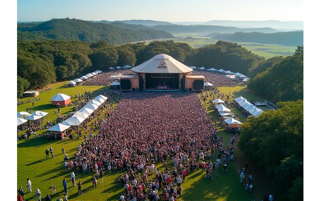 Aerial view of Splendour in the Grass festival with a large crowd and stage
