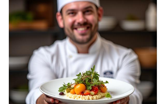 A chef presenting a beautifully plated dish on MasterChef Australia