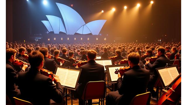 An orchestra performing at the Sydney Opera House, illuminated by stage lights.