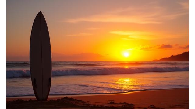 A surfboard silhouetted against a vibrant sunset over a beach, hinting at a surf movie.