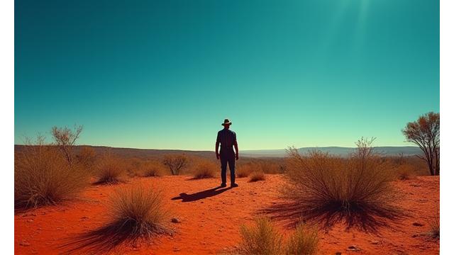 Poster of 'Outback Saga' movie featuring a wide shot of the Australian outback with a lone figure.